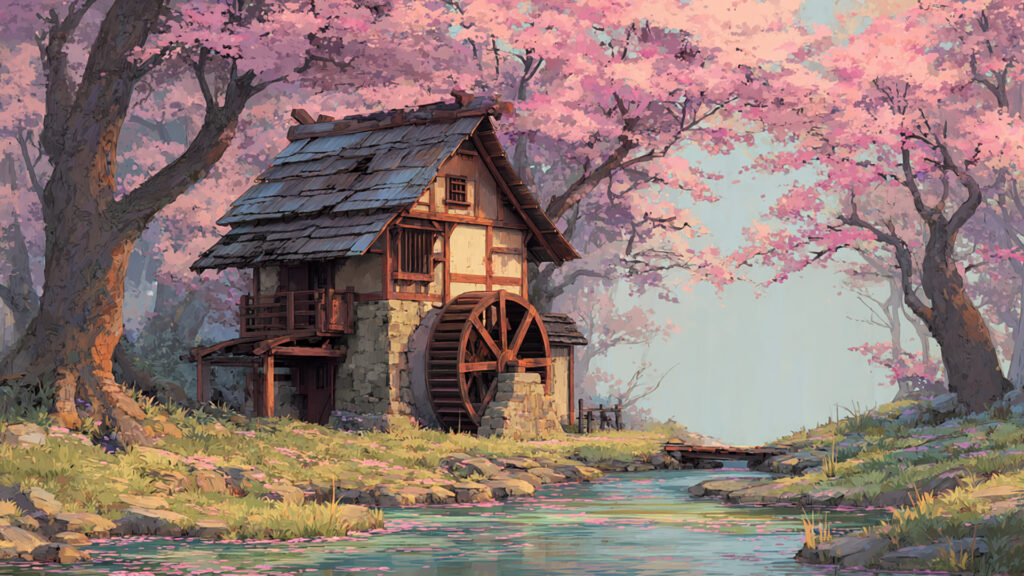 桜並木と水車小屋のアニメ景観