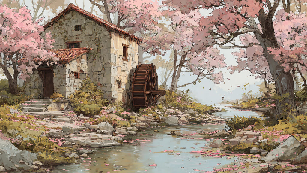 桜並木と水車小屋のアニメ景観