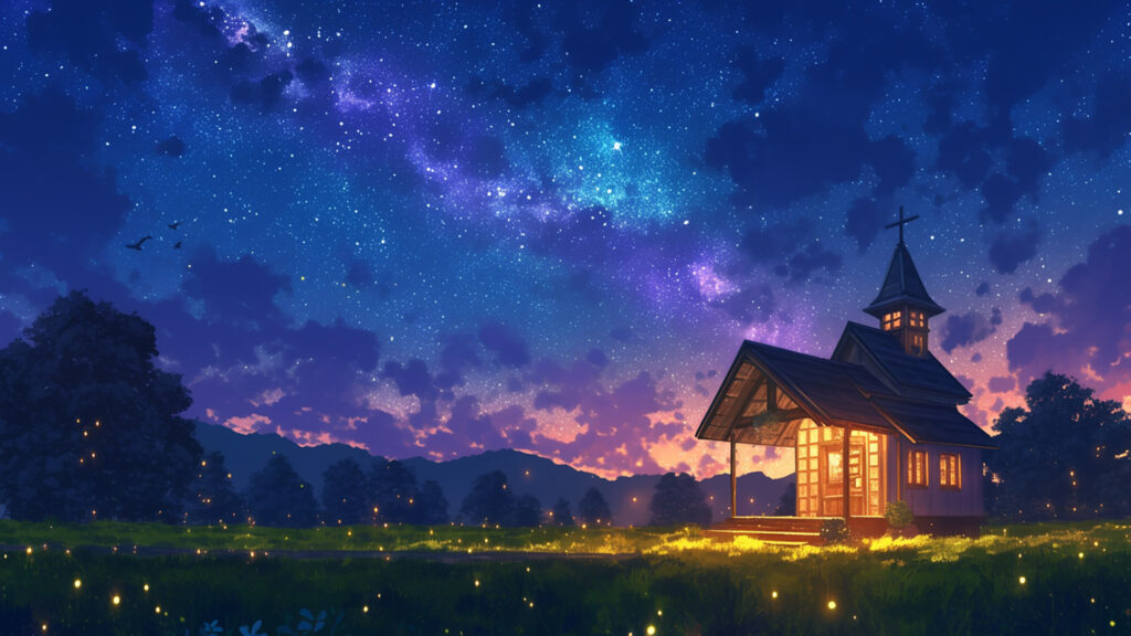 草原にある教会｜夜