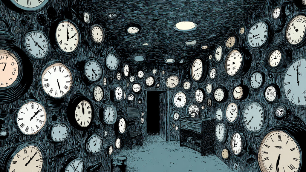 壁一面に時計のある部屋