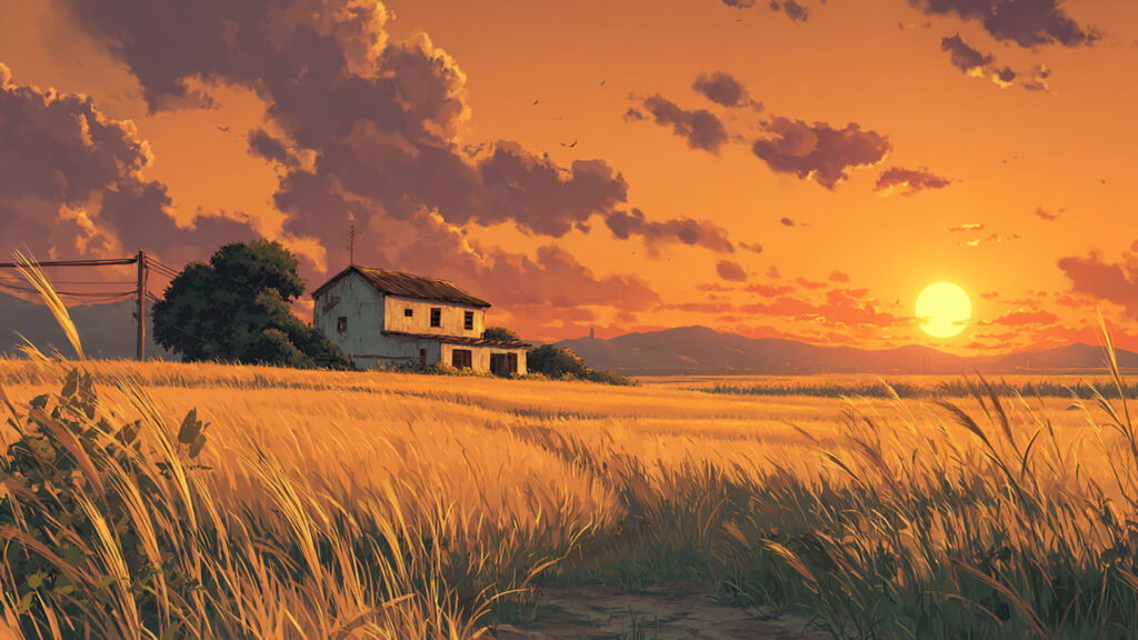 田舎の夕暮れと麦畑-アニメ背景