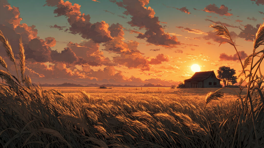 田舎の夕暮れと麦畑-アニメ背景