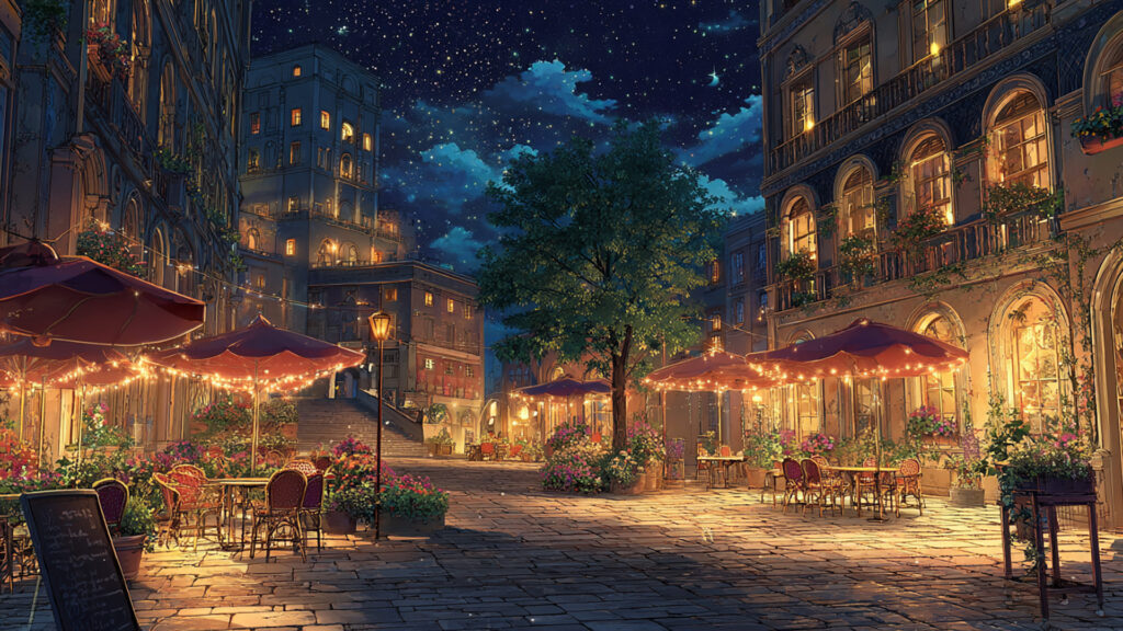 夜のヨーロッパ広場とカフェテラス