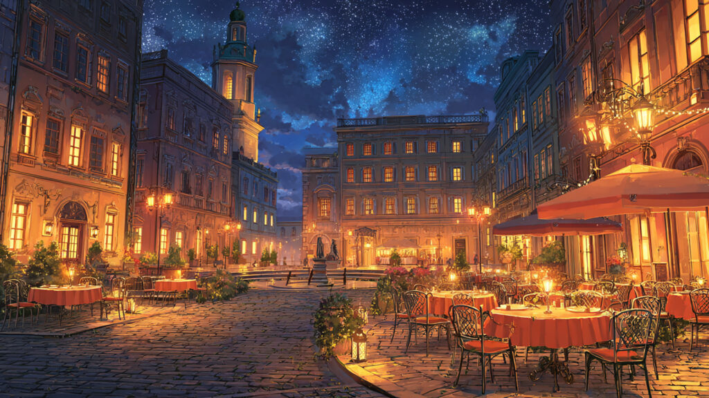 夜のヨーロッパ広場とカフェテラス