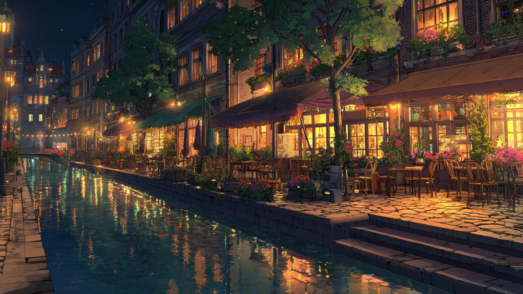 ヨーロッパの夜の運河とカフェ街