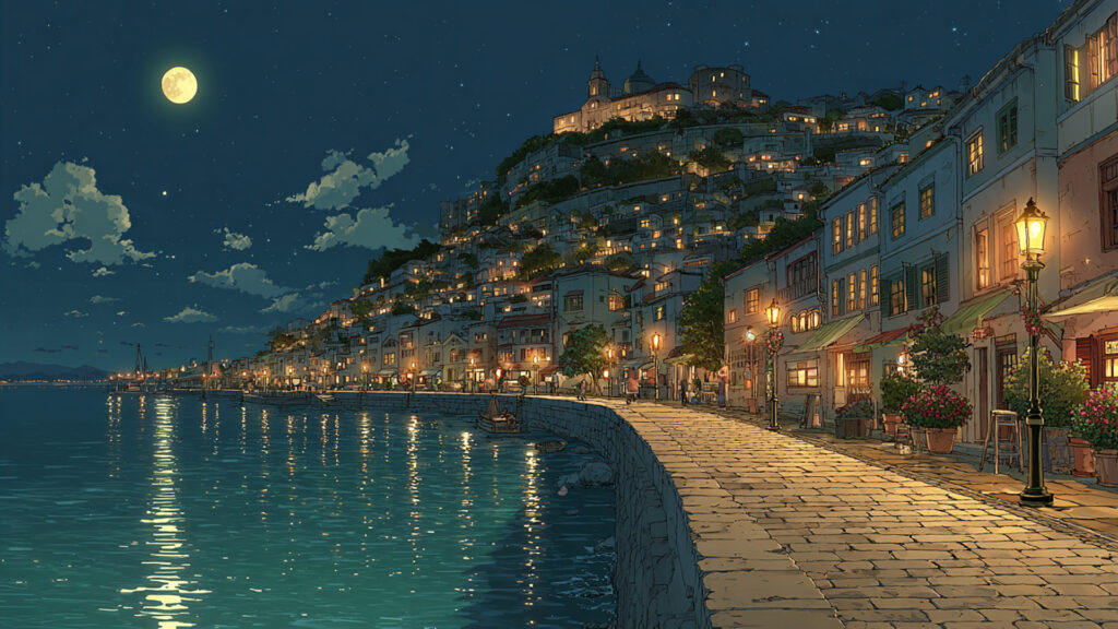 夜の海辺のヨーロッパ小町