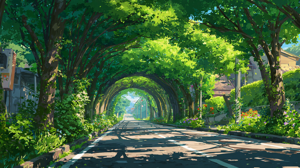緑のトンネルと自転車の通学路
