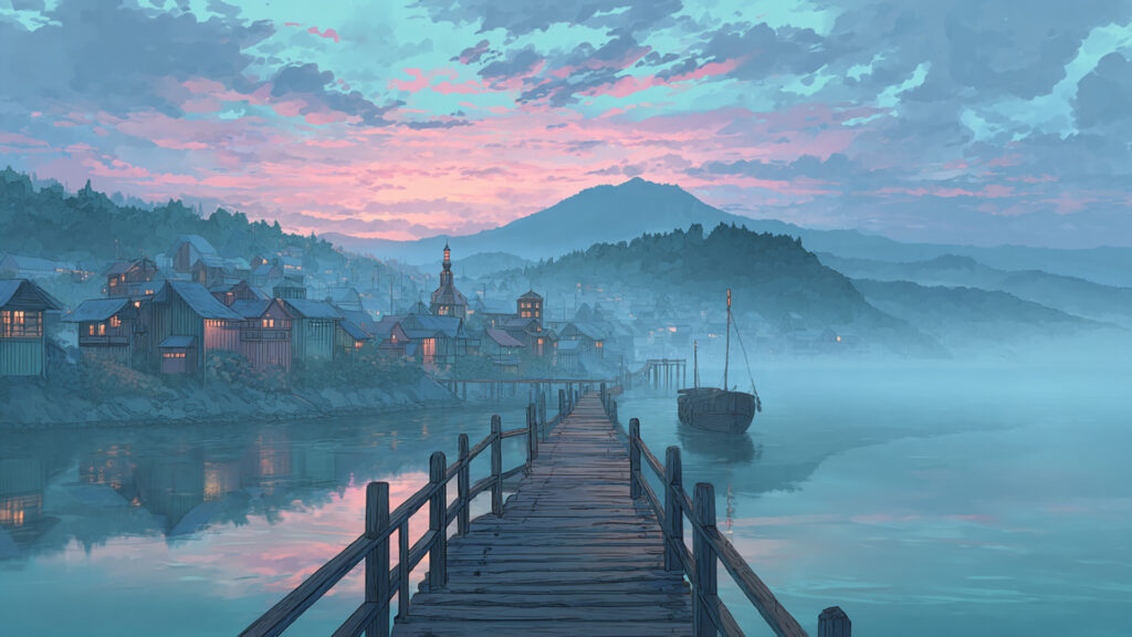 湖畔の朝霧の村-アニメ背景