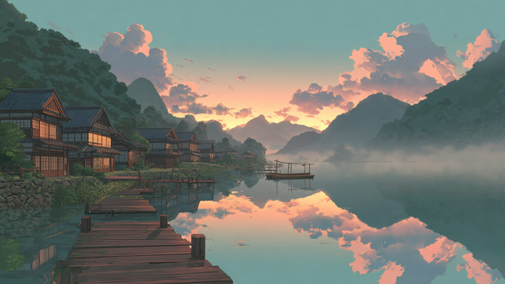 湖畔の朝霧の村-アニメ背景