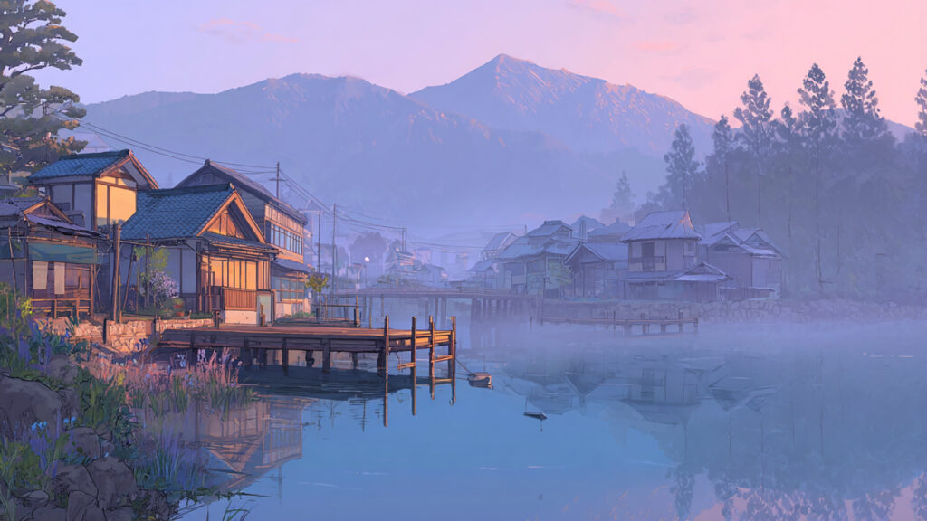 湖畔の朝霧の村-アニメ背景