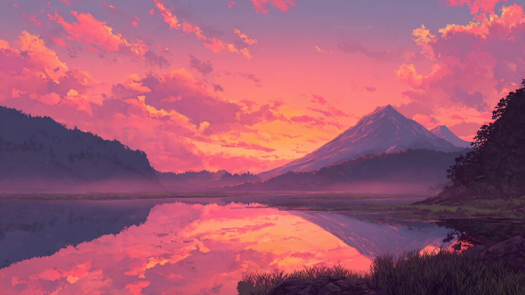 山と湖の朝焼けアニメ背景