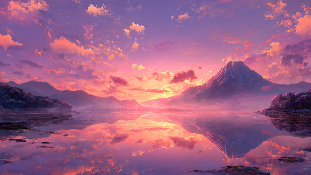 山と湖の朝焼けアニメ背景