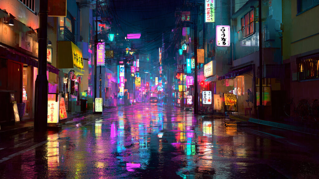 ネオンに濡れる夜の雨街