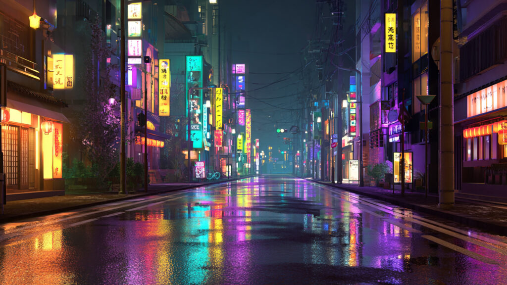 ネオンに濡れる夜の雨街