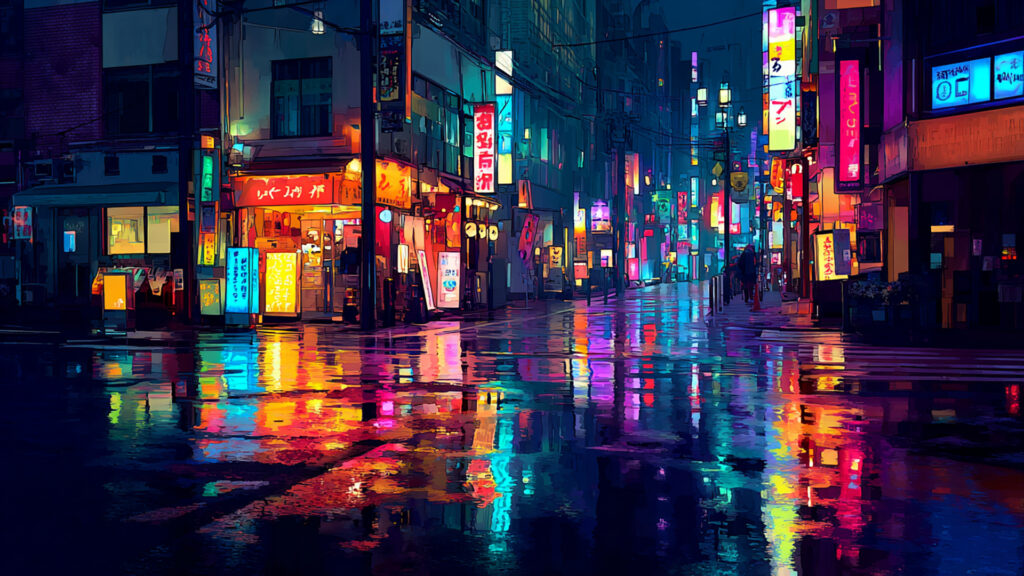 ネオンに濡れる夜の雨街