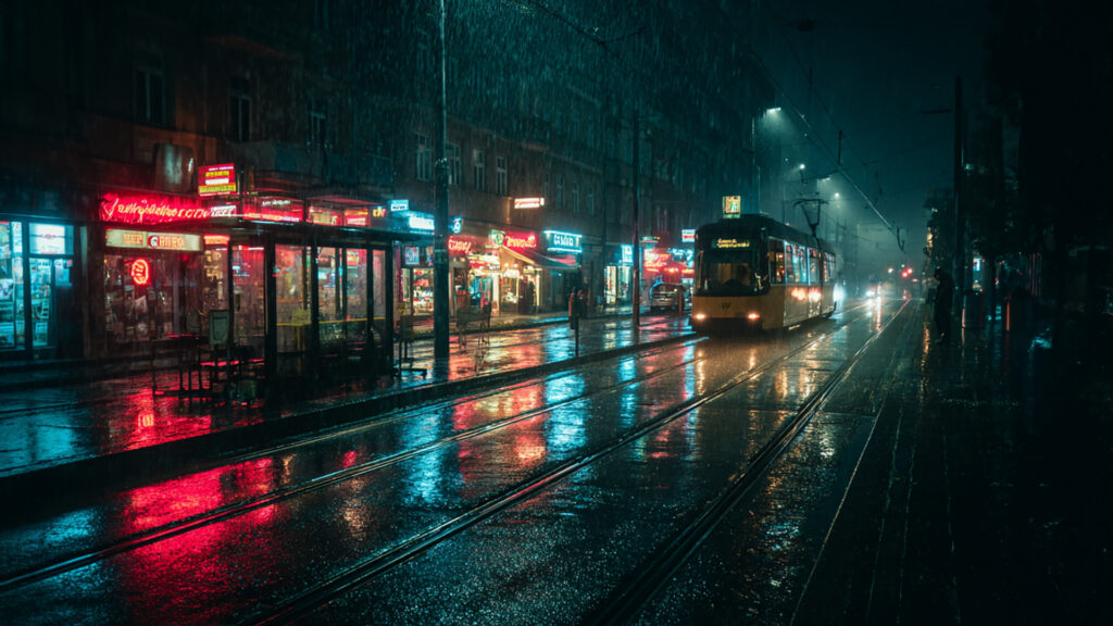 ネオン雨の路面電車通り・夜