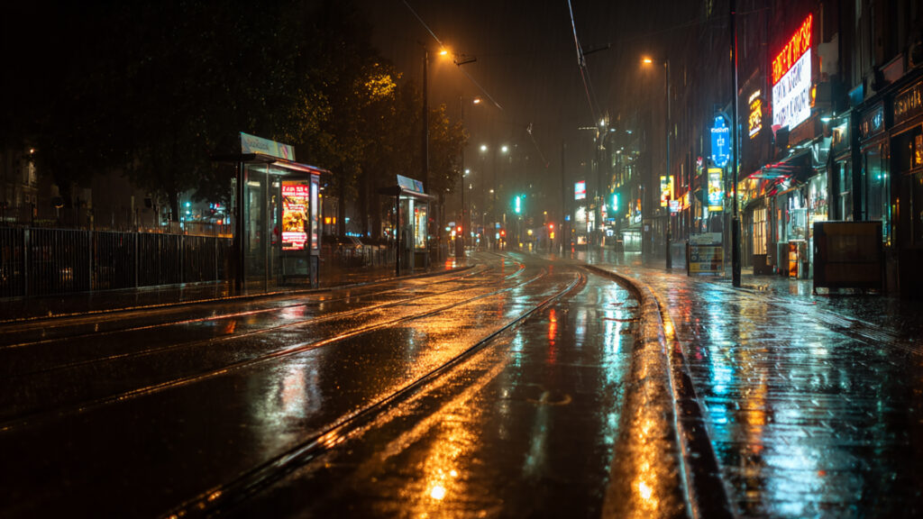 ネオン雨の路面電車通り・夜