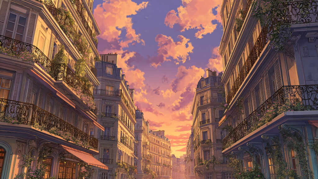 夕暮れのパリ風街角