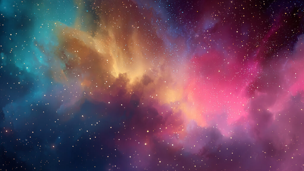 虹色の星雲と光のカーテン