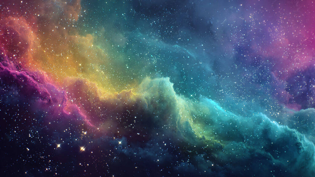 虹色の星雲と光のカーテン
