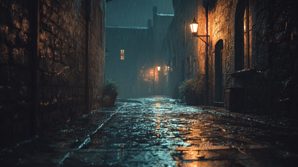 雨の石畳のヨーロッパ路地