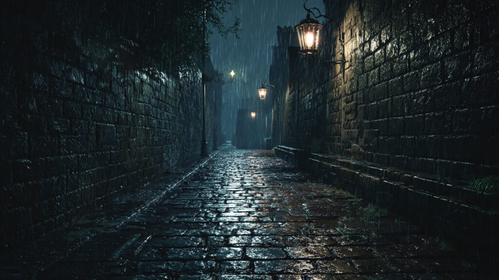 雨の石畳のヨーロッパ路地