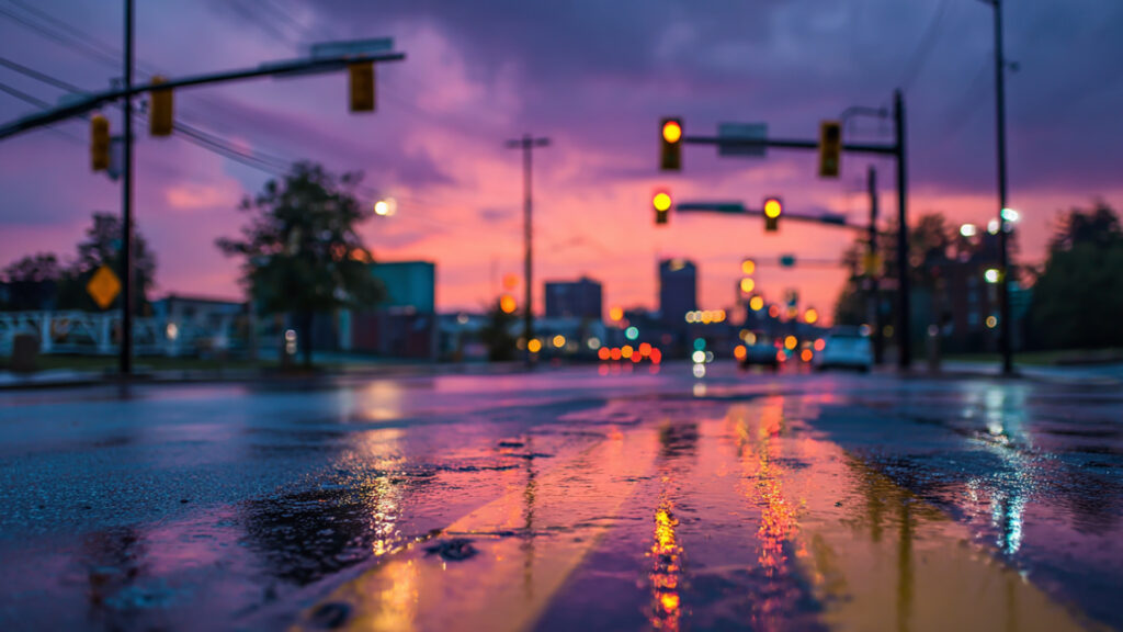 雨の交差点・夕暮れ