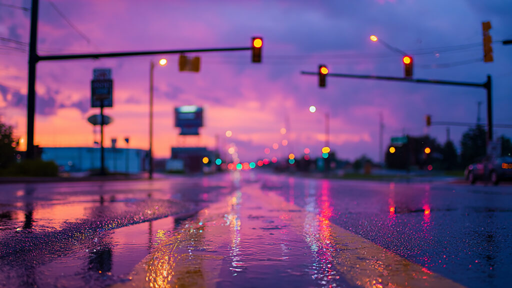 雨の交差点・夕暮れ