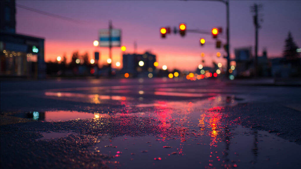 雨の交差点・夕暮れ