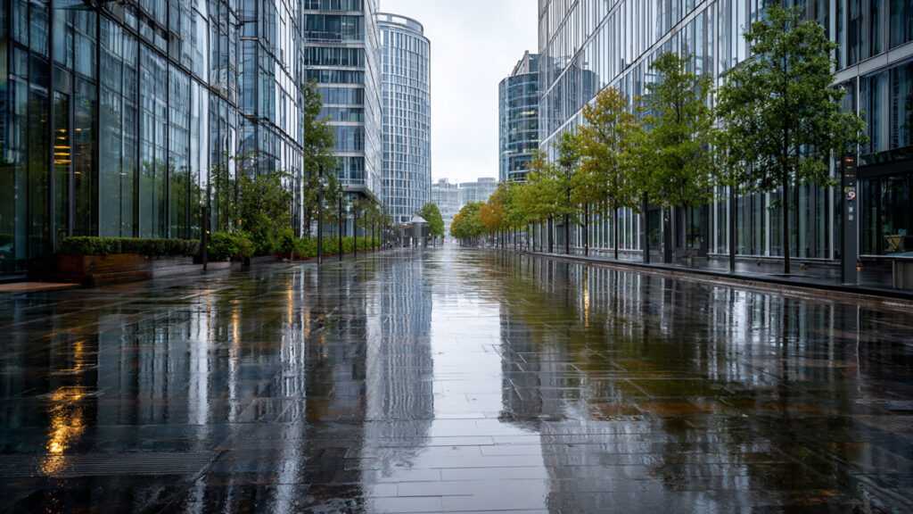 雨のオフィス街・昼
