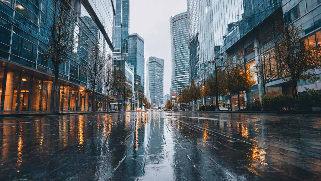 雨のオフィス街・昼