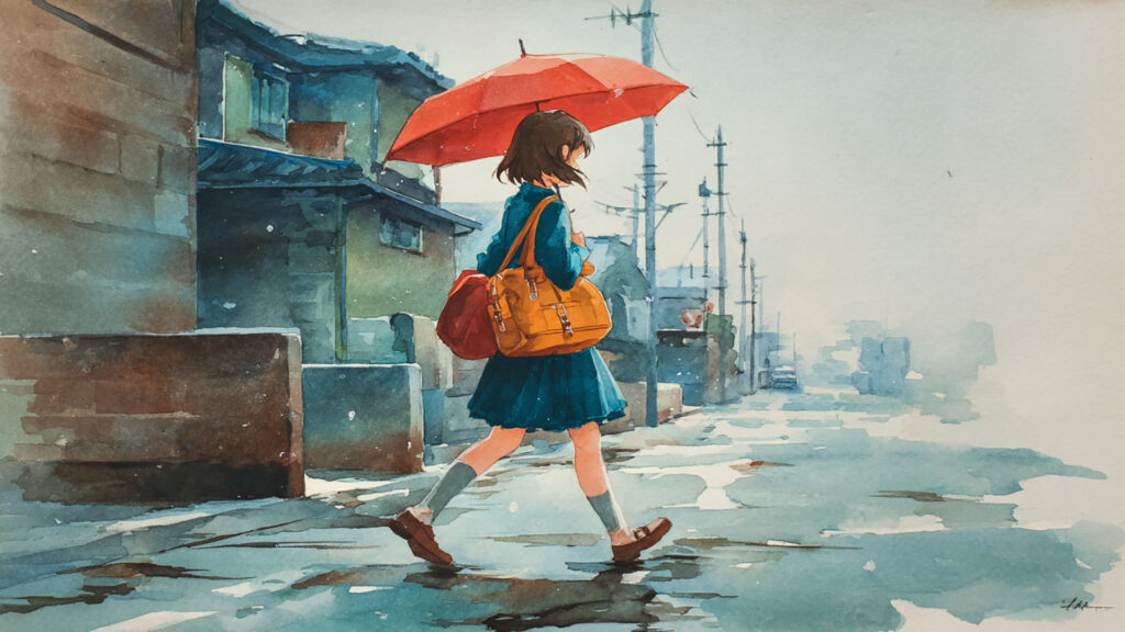 雨の通学路と学生