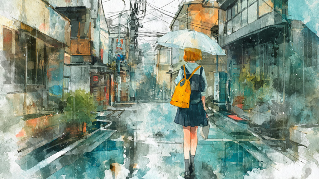 雨の通学路と学生