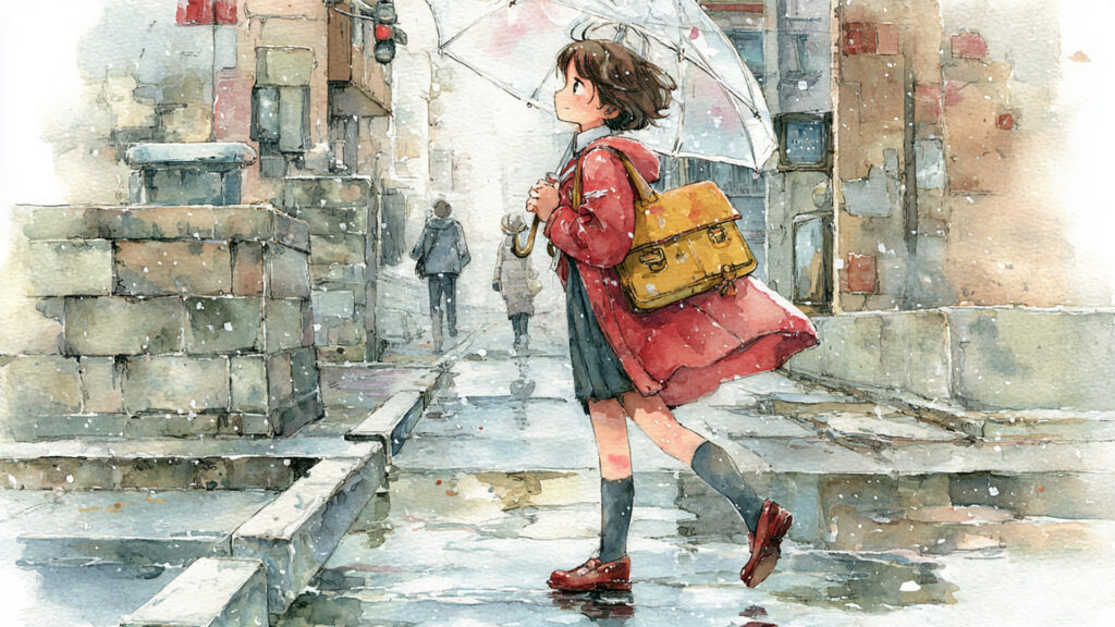 雨の通学路と学生