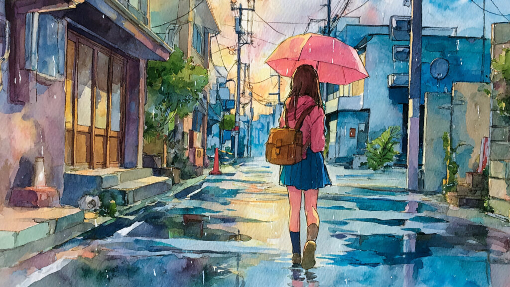 雨の通学路と学生