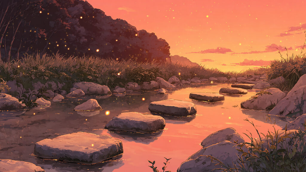 夕暮れの川辺と飛び石の夏アニメ背景