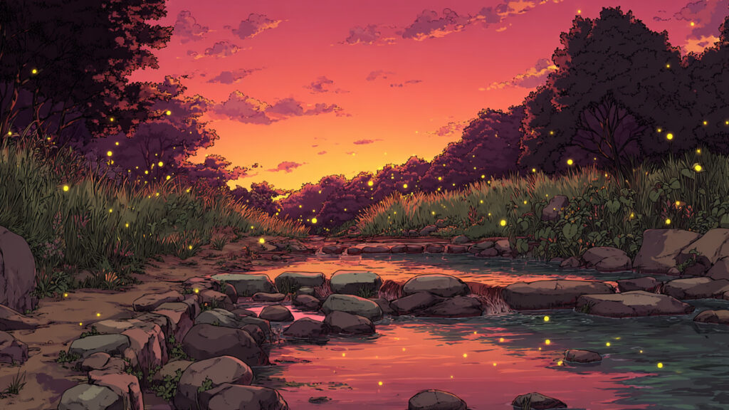 夕暮れの川辺と飛び石の夏アニメ背景