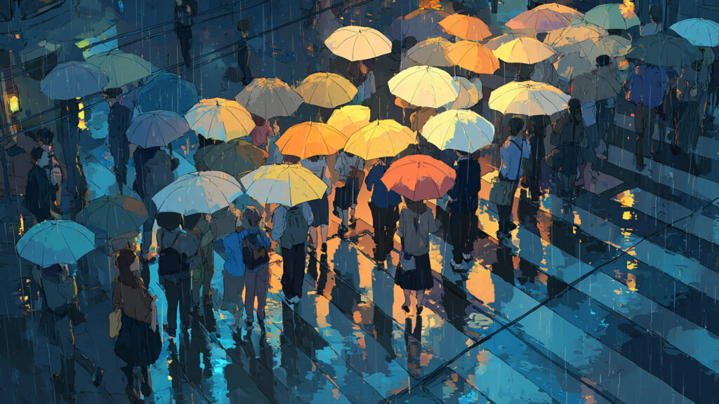 雨中の帰宅ラッシュ