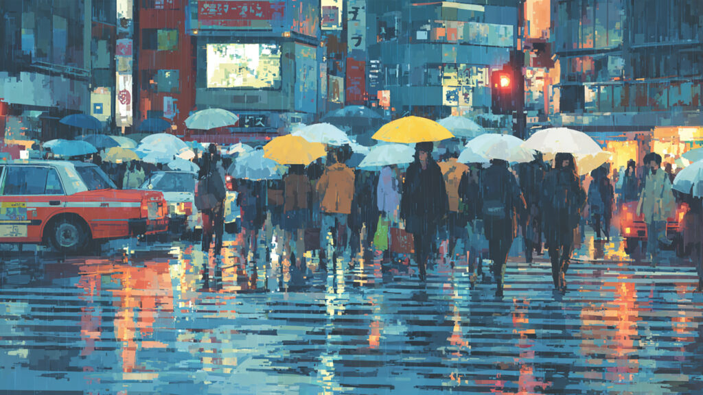 雨中の帰宅ラッシュ