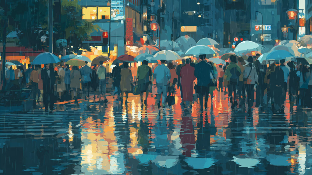 雨中の帰宅ラッシュ
