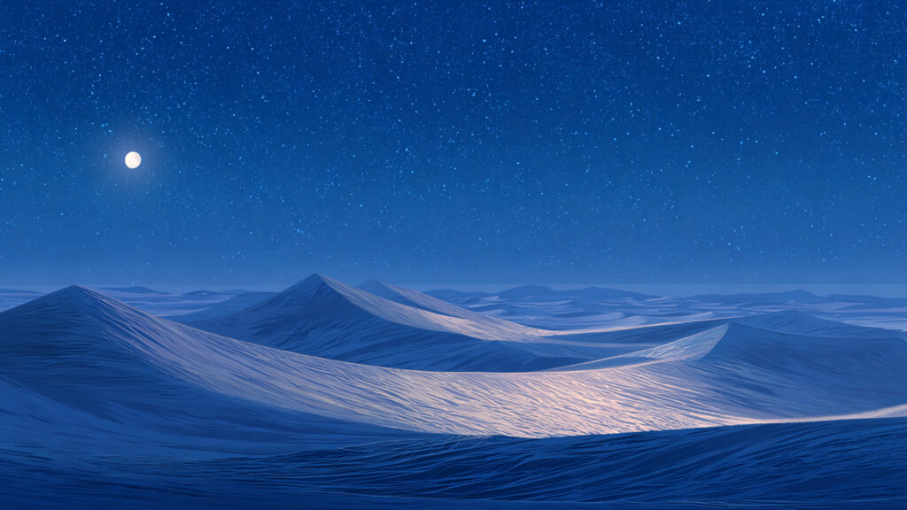 月夜の砂丘と風紋のアニメ風景