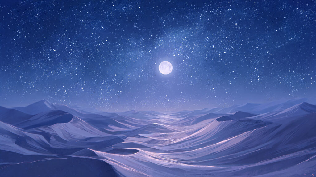 月夜の砂丘と風紋のアニメ風景