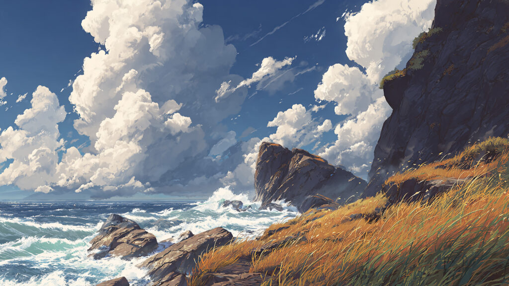 海辺断崖のアニメ風景