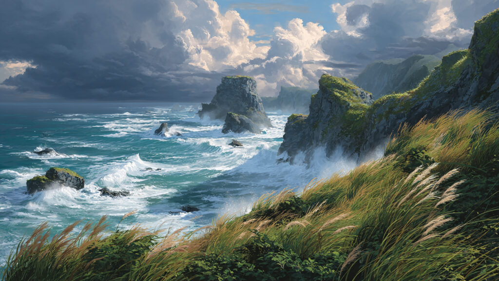 海辺断崖のアニメ風景