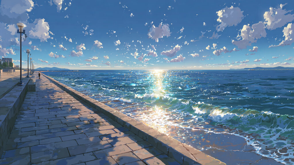 海辺の遊歩道と波のアニメ背景