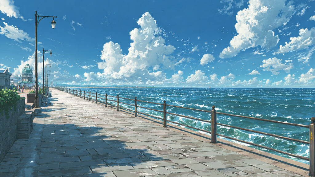 海辺の遊歩道と波のアニメ背景