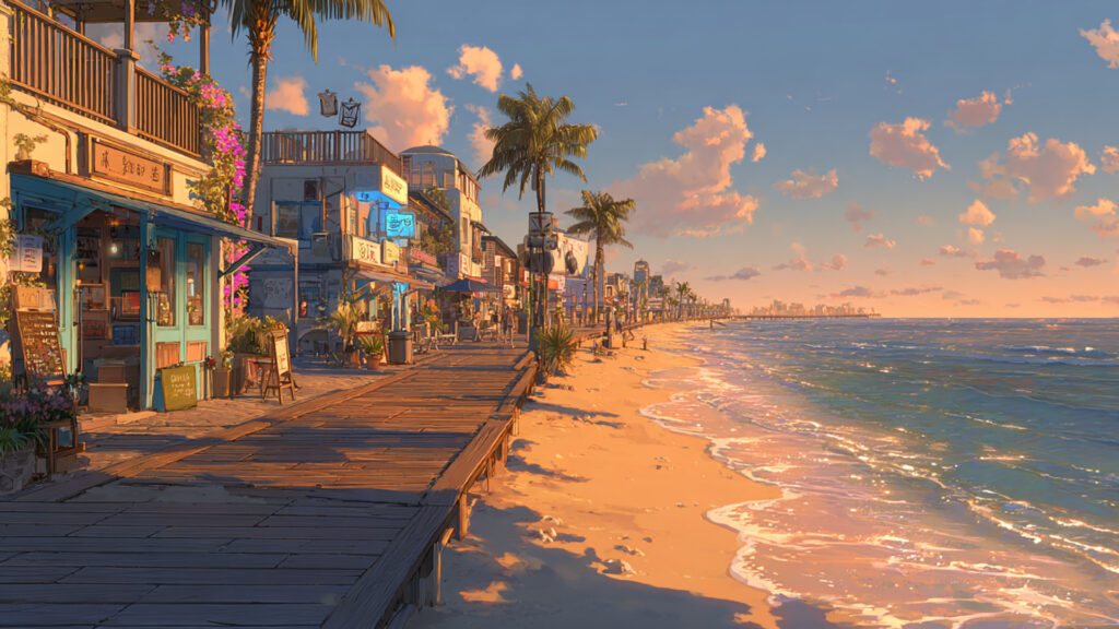 夕暮れの海浜プロムナード