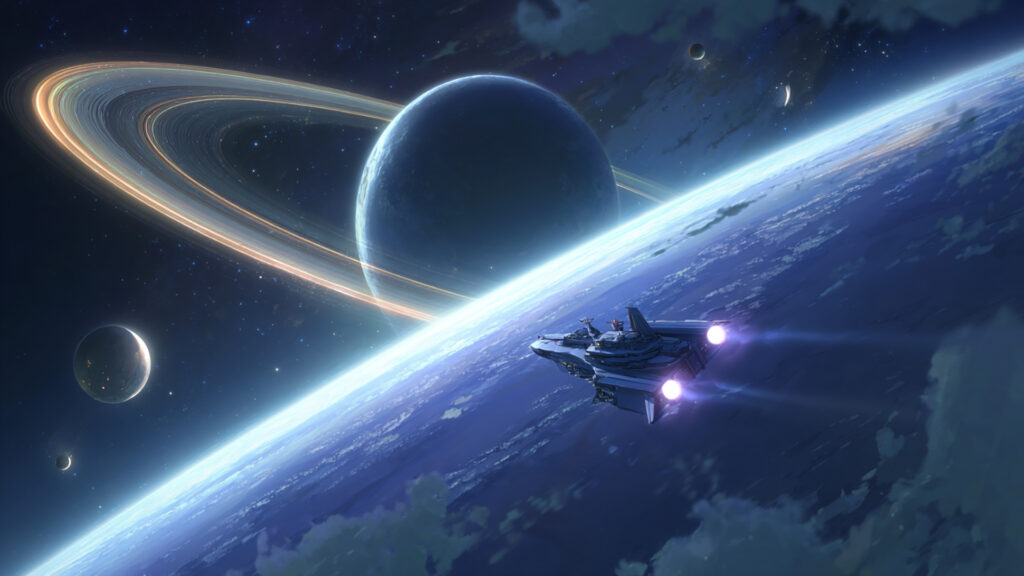 宇宙船と惑星の風景（遠景）
