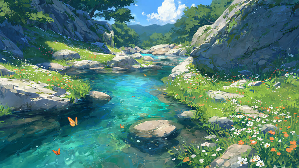 春の渓流と野花のアニメ背景