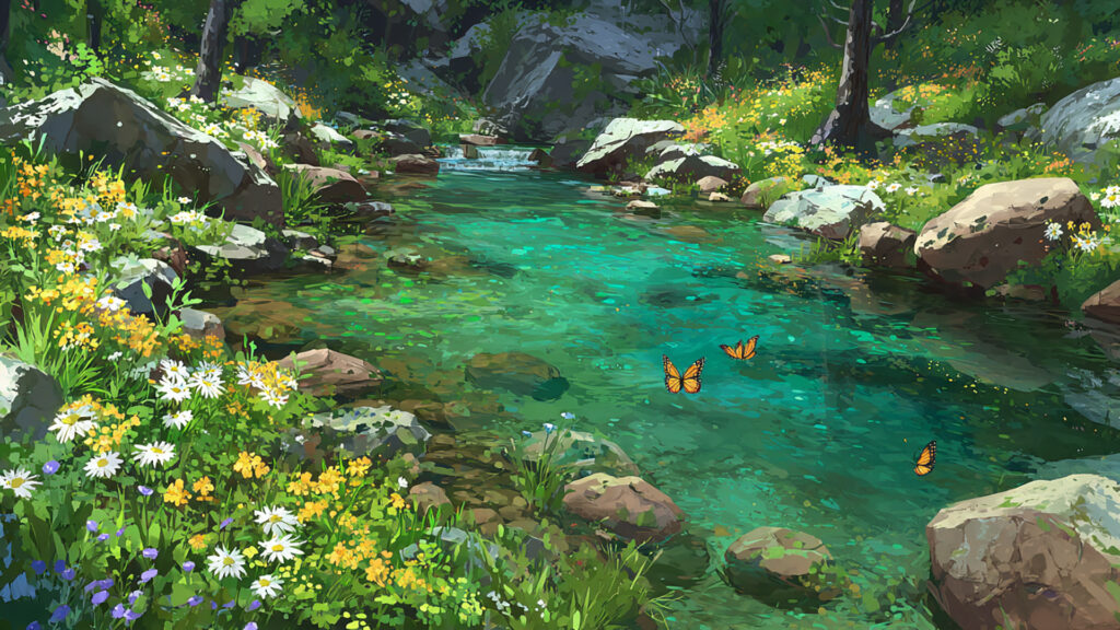 春の渓流と野花のアニメ背景